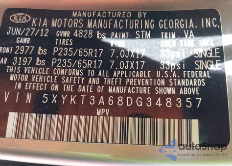 2013 Kia Sorento Lx from USA, damaged, VIN 5XYKT3A68DG348357